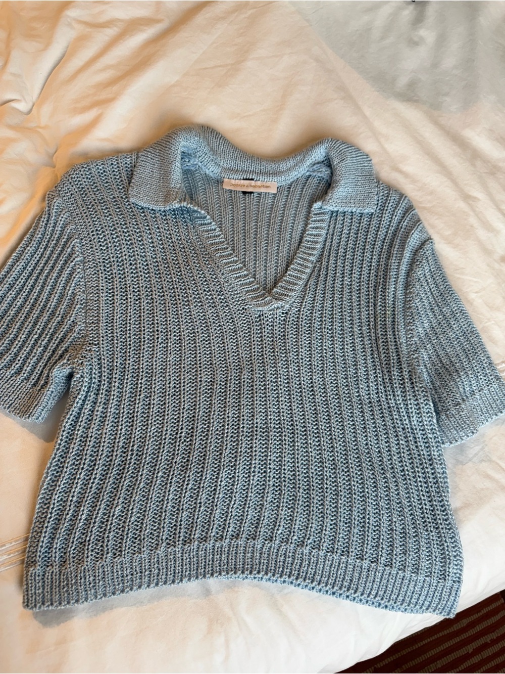 Light Blue Collared V‑Neck Knit Sweater - Women Cropped